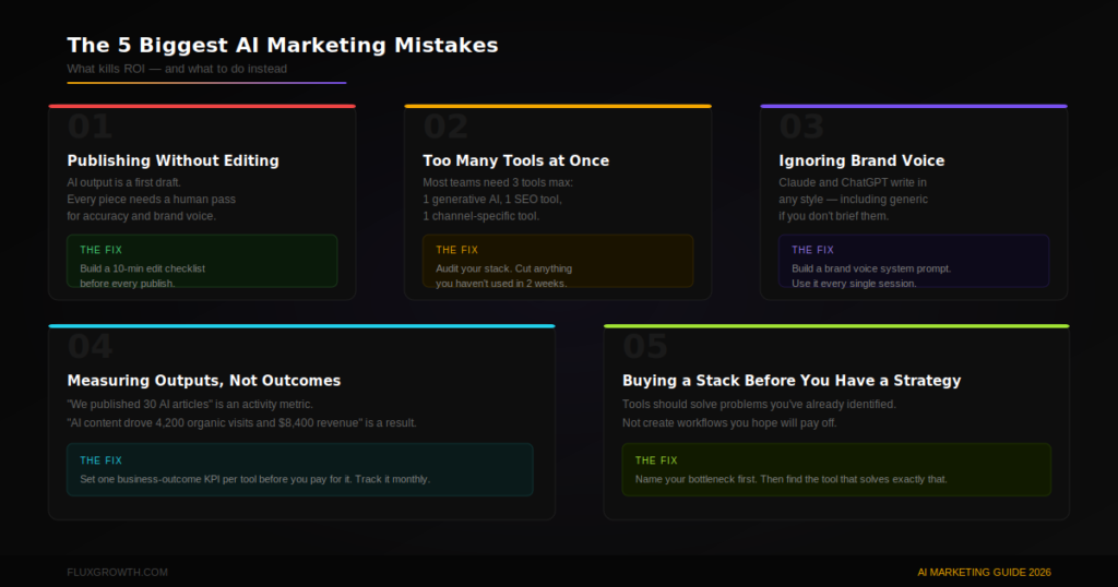 5 biggest AI marketing mistakes in 2026 — publishing without editing, too many tools, ignoring brand voice, wrong metrics, no strategy