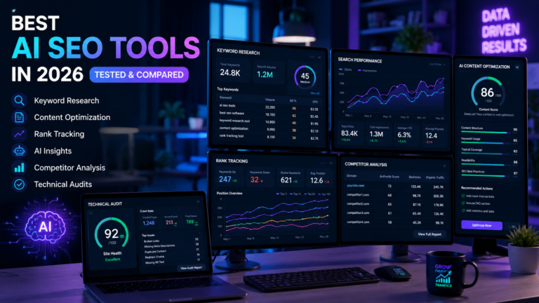 Best AI SEO tools dashboard in 2026 featuring keyword research, content optimization, rank tracking, competitor analysis, and AI-powered SEO analytics.