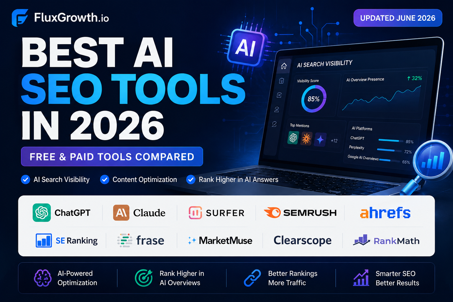 Featured image showing the best AI SEO tools in 2026, including ChatGPT, Claude, Surfer SEO, Semrush, Ahrefs, SE Ranking, Clearscope, Frase, MarketMuse, and Rank Math for AI search visibility and content optimization.