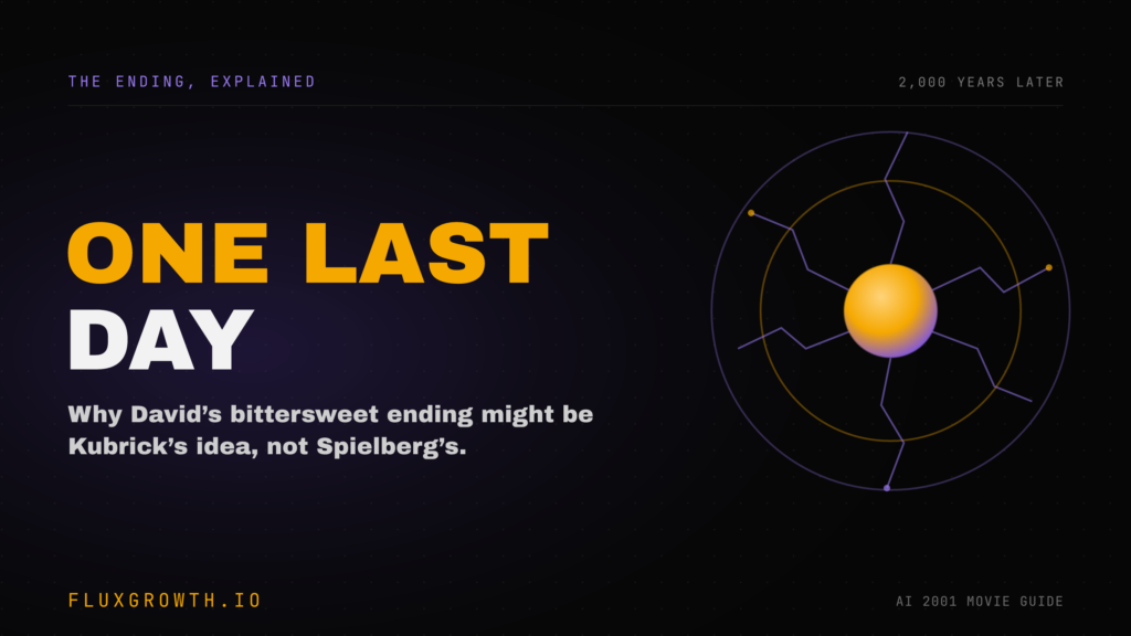 A.I. Artificial Intelligence ending explained graphic featuring the text "One Last Day" with futuristic orbital artwork symbolizing David's final reunion and the film's bittersweet ending 2,000 years in the future.