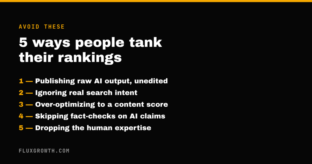 Five AI SEO mistakes that tank rankings, from publishing raw output to dropping human expertise