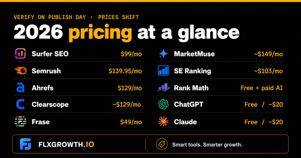 2026 AI SEO tool pricing comparison infographic showing Surfer SEO, Semrush, Ahrefs, Clearscope, Frase, MarketMuse, SE Ranking, Rank Math, ChatGPT, and Claude with their estimated monthly pricing.