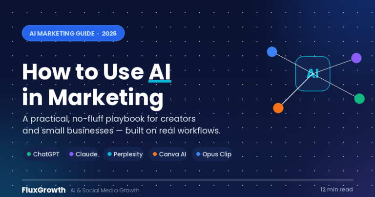 How to use AI in marketing guide cover showing ChatGPT, Claude, Perplexity, Canva AI, and Opus Clip tools — FluxGrowth 2026