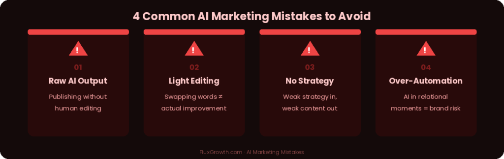 4 common AI marketing mistakes: publishing raw output, light editing, no strategy, over-automation