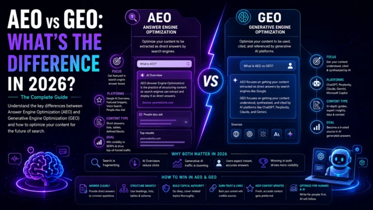 AEO vs GEO feature image comparing Answer Engine Optimization (AEO) and Generative Engine Optimization (GEO), highlighting their differences, AI search platforms, content strategies, and optimization techniques for 2026.