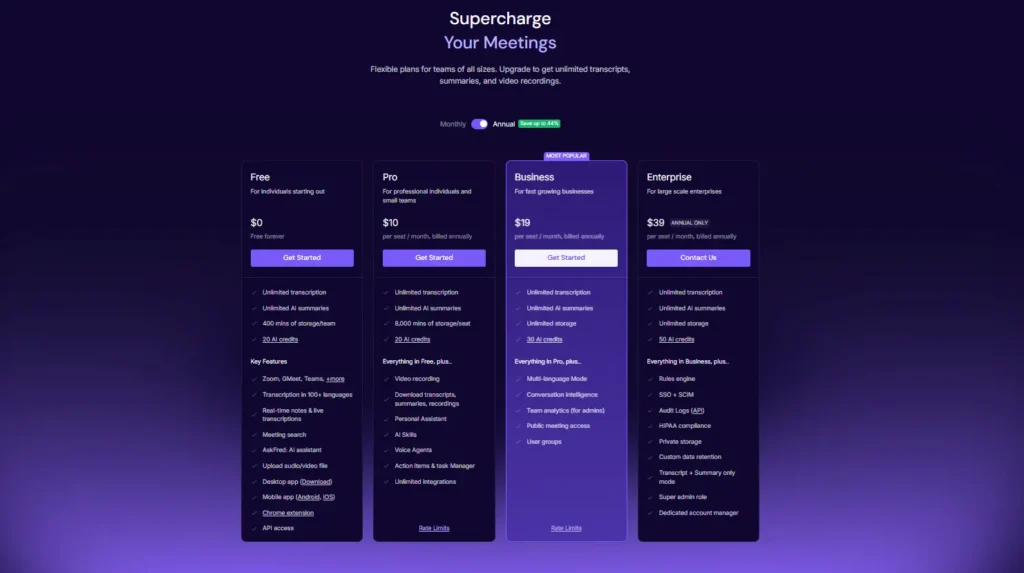 Screenshot of an AI meeting assistant pricing page comparing Free, Pro, Business, and Enterprise plans with monthly pricing, AI transcription, meeting summaries, storage, and business collaboration features in 2026.