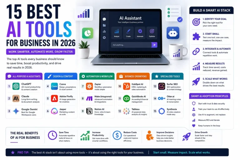 15 Best AI Tools for Business in 2026 feature image showcasing top AI tools for productivity, automation, content creation, analytics, workflow management, and business growth.