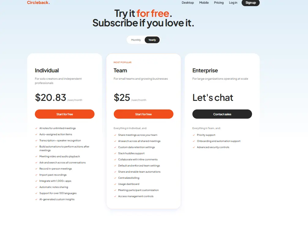 Screenshot of Circleback AI pricing page comparing Individual, Team, and Enterprise plans with monthly pricing, features, and subscription options in 2026.