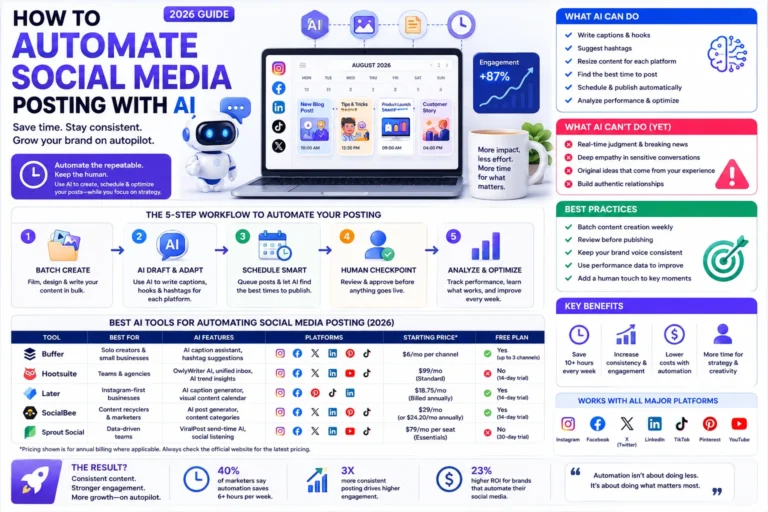 Infographic: how to automate social media posting with AI — 5-step workflow, tool comparison, and benefits