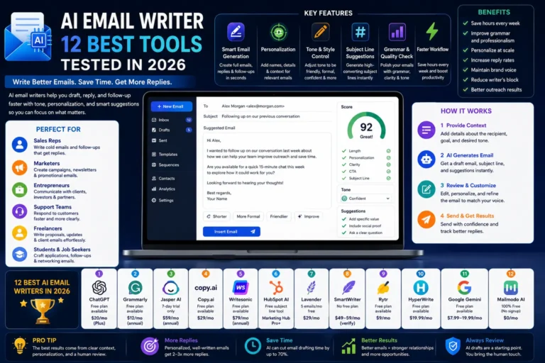 12 Best AI Email Writers in 2026 comparison featuring ChatGPT, Grammarly, Jasper AI, Lavender, Gemini, Mailmodo, and other AI email writing tools
