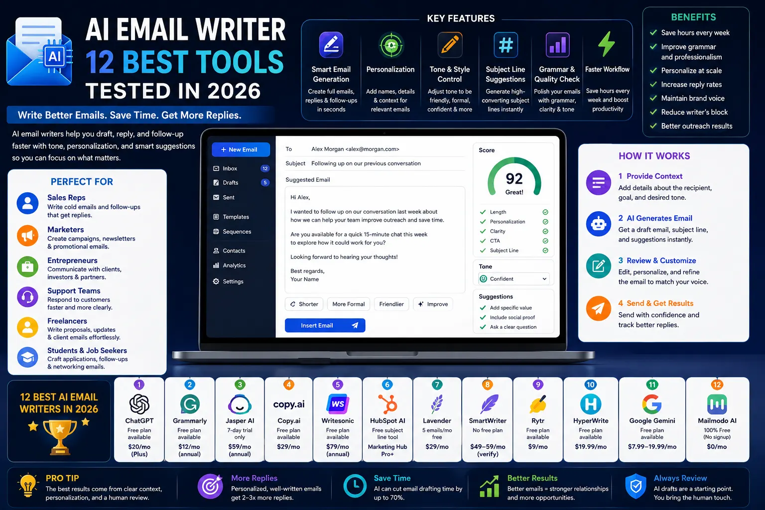 12 Best AI Email Writers in 2026 comparison featuring ChatGPT, Grammarly, Jasper AI, Lavender, Gemini, Mailmodo, and other AI email writing tools
