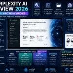 Perplexity AI Review 2026 infographic showing features, pricing plans, Deep Research, AI Search, Comet Browser, and expert verdict.