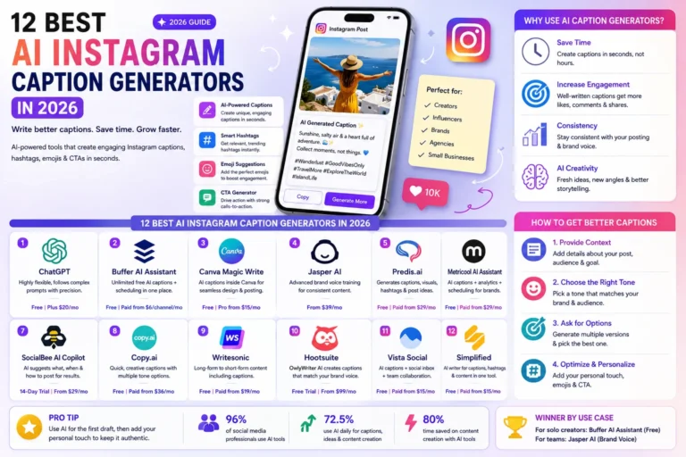 12 Best AI Instagram Caption Generators in 2026 infographic comparing ChatGPT, Buffer AI Assistant, Canva Magic Write, Jasper AI, Predis.ai, Copy.ai, Writesonic, Hootsuite, Vista Social, Simplified, and other AI caption tools with features, pricing, and use cases.