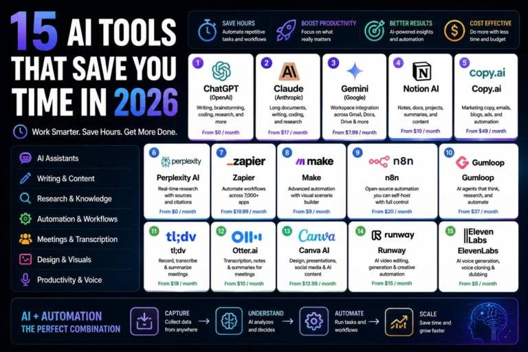 15 AI tools that save time in 2026, grouped by category with starting prices