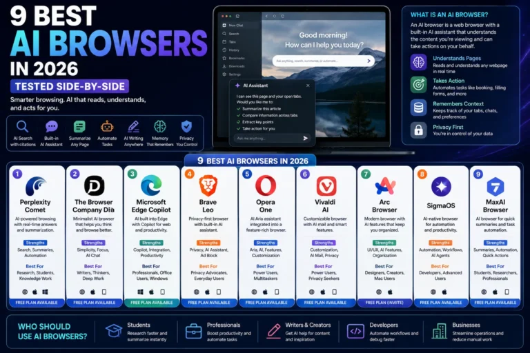 9 Best AI Browsers in 2026 comparison infographic featuring Perplexity Comet, Dia, Microsoft Edge Copilot, Brave Leo, Opera One, Vivaldi AI, Arc Browser, SigmaOS, and MaxAI Browser.