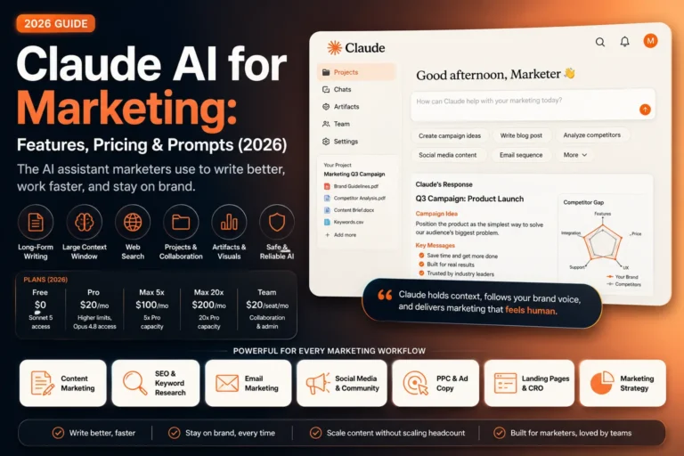 Claude AI for Marketing 2026 dashboard showing features, pricing plans, Projects, AI content creation tools, SEO workflows, and marketing automation interface.