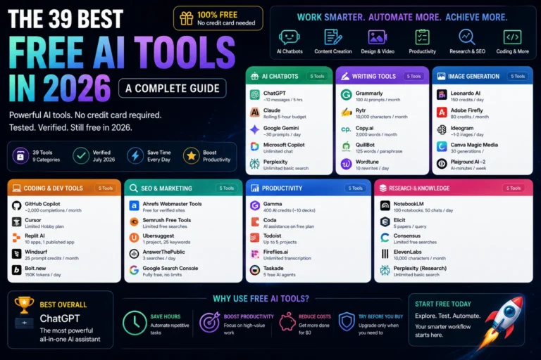 39 Best Free AI Tools in 2026 infographic showcasing the top free AI chatbots, writing tools, image generators, SEO tools, coding assistants, and productivity software.