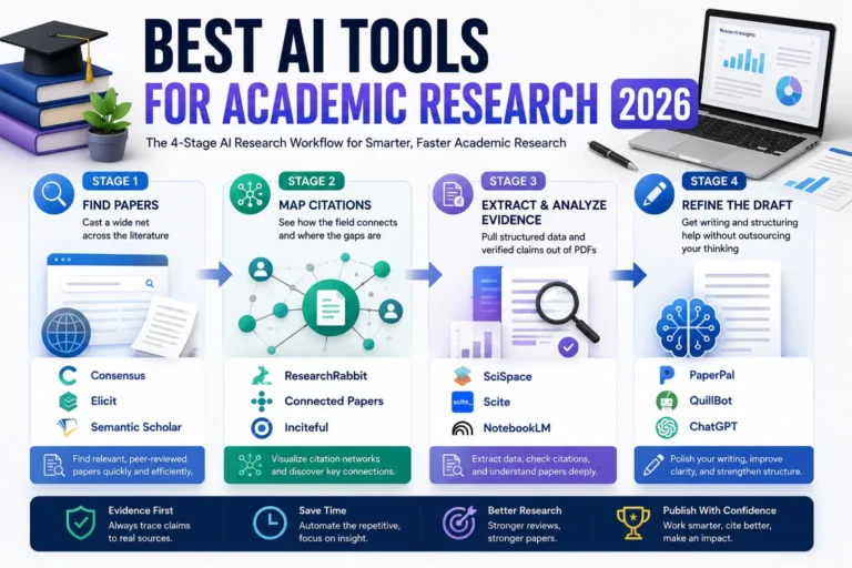Best AI Tools for Academic Research 2026 feature image illustrating a four-stage AI research workflow, including finding papers, mapping citations, analyzing evidence, and refining academic writing with leading AI research tools.