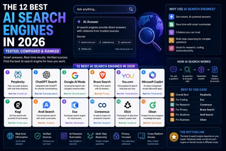 Infographic comparing 12 AI search engines including Perplexity, ChatGPT Search, and Google AI Mode, with use-case rankings
