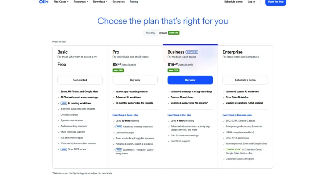 Screenshot of the Otter AI pricing page showing Free, Pro, Business, and Enterprise plans with annual pricing, AI meeting assistant features, transcription, integrations, and collaboration tools in 2026.