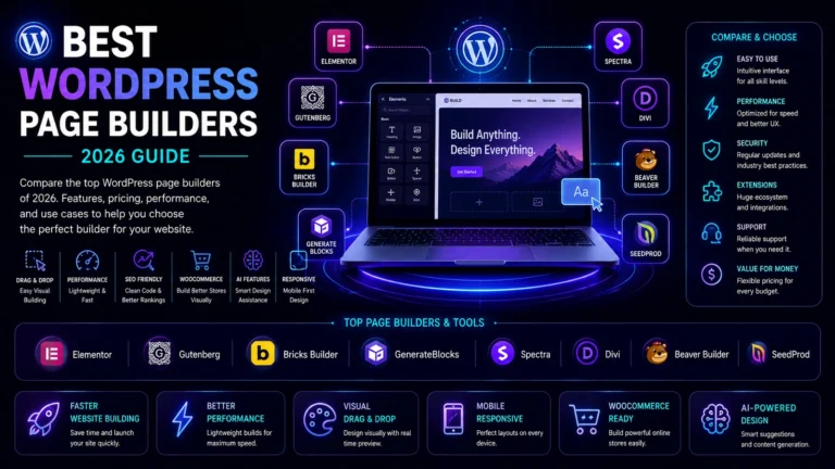 Best WordPress Page Builders 2026 feature image comparing Elementor, Gutenberg, Bricks Builder, GenerateBlocks, Spectra, Divi, Beaver Builder, and SeedProd with key website building features.