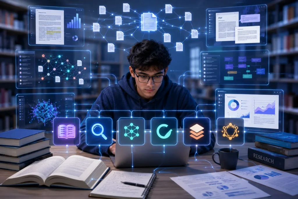 Student using AI tools for literature review and academic research