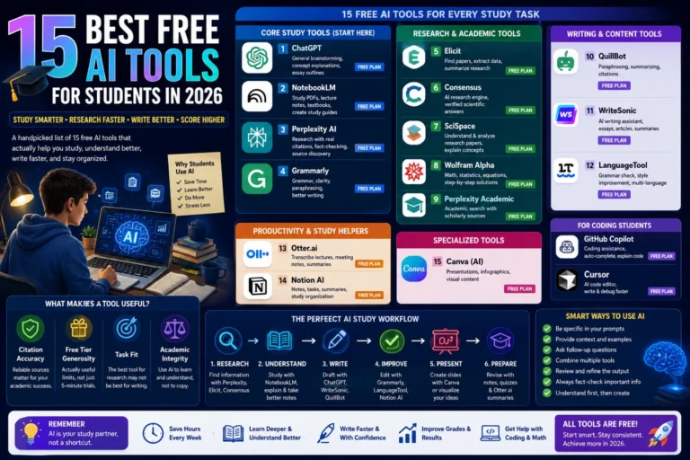 Best Free AI Tools for Students in 2026 infographic featuring 15 AI tools for research, writing, coding, note-taking, presentations, productivity, and exam preparation organized into study categories.