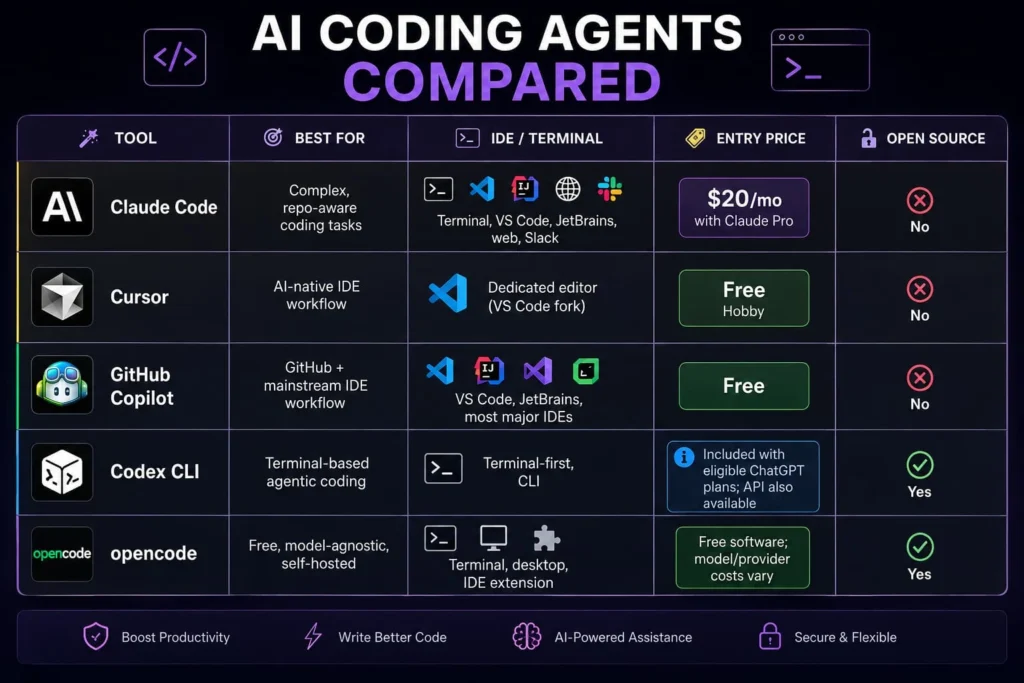 AI coding agents compared: Claude Code, Cursor, GitHub Copilot, Codex CLI, and opencode by price and platform