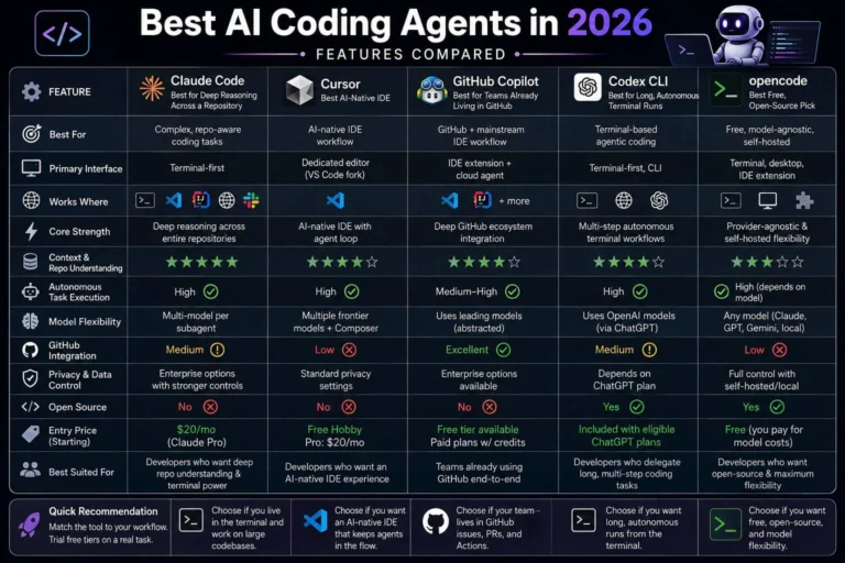 AI coding agents features compared: Claude Code, Cursor, Copilot, Codex CLI, and opencode side by side