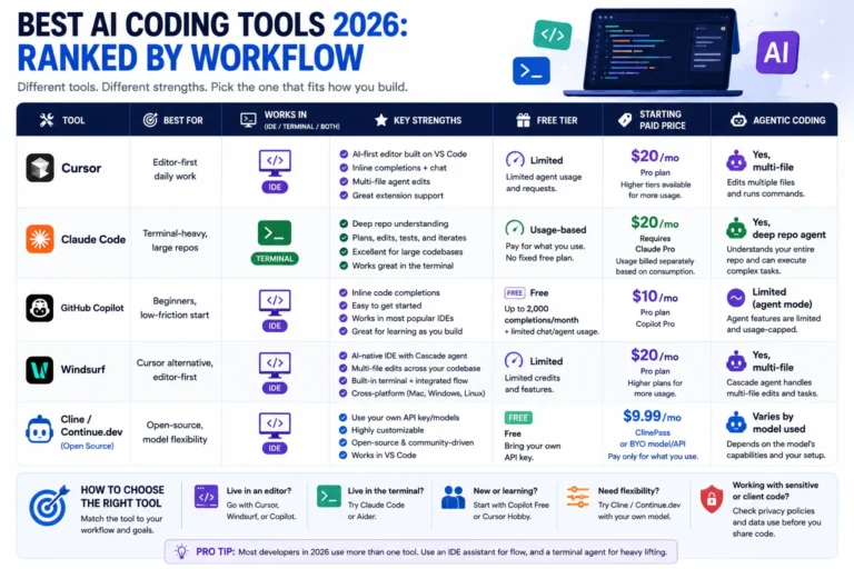 AI tools for coding compared by workflow: Cursor, Claude Code, GitHub Copilot, Windsurf, Cline/Continue.dev
