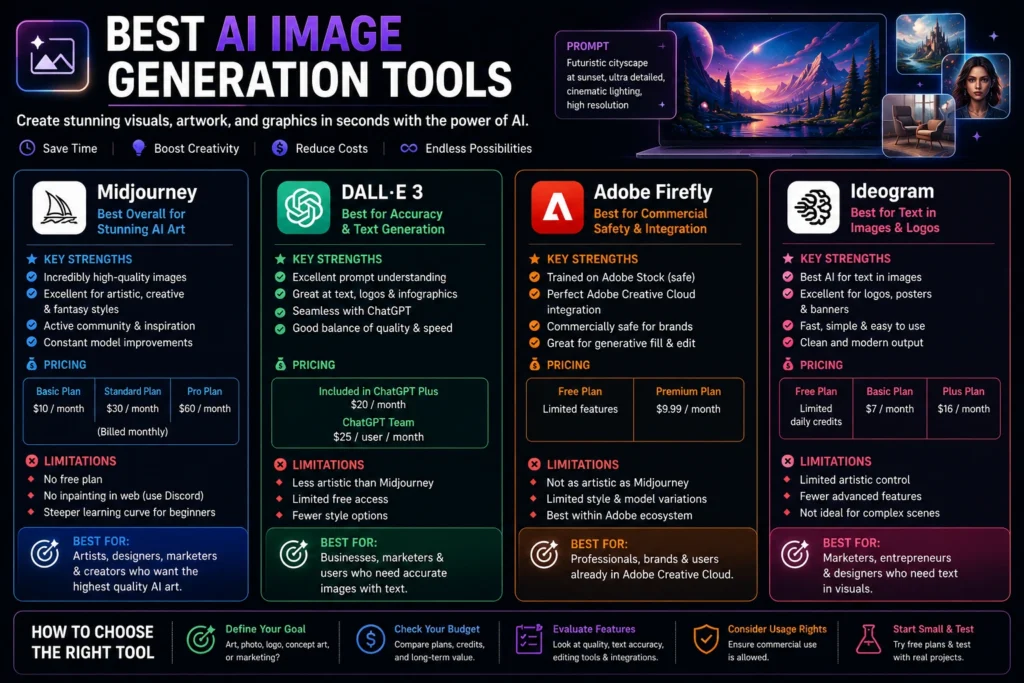 Comparison of Midjourney, DALL-E 3, Adobe Firefly and Ideogram showing strengths, pricing and limitations