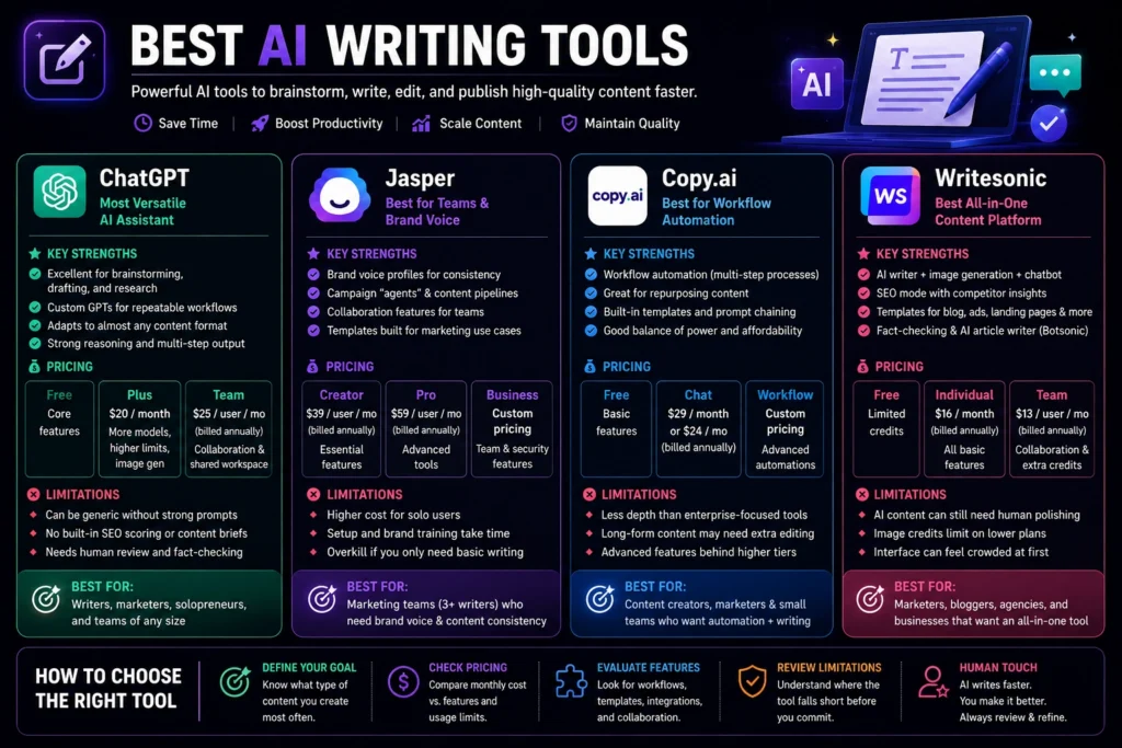 Comparison of ChatGPT, Jasper, Copy.ai and Writesonic showing strengths, pricing tiers and limitations