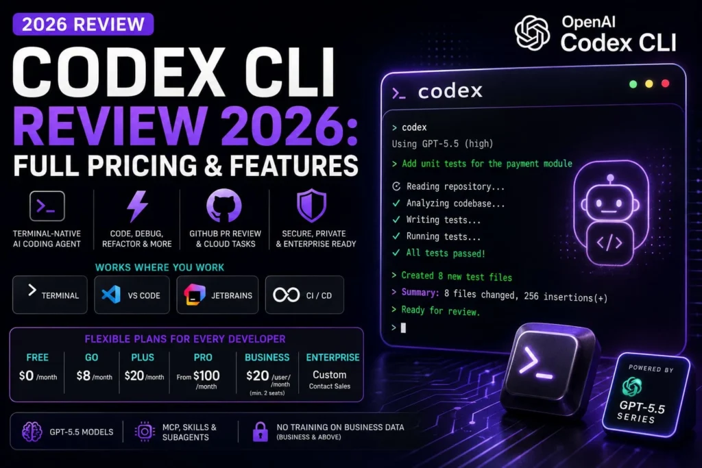 Codex CLI review 2026 feature graphic showing terminal interface, pricing tiers, IDE support, and GPT-5.5 model badge