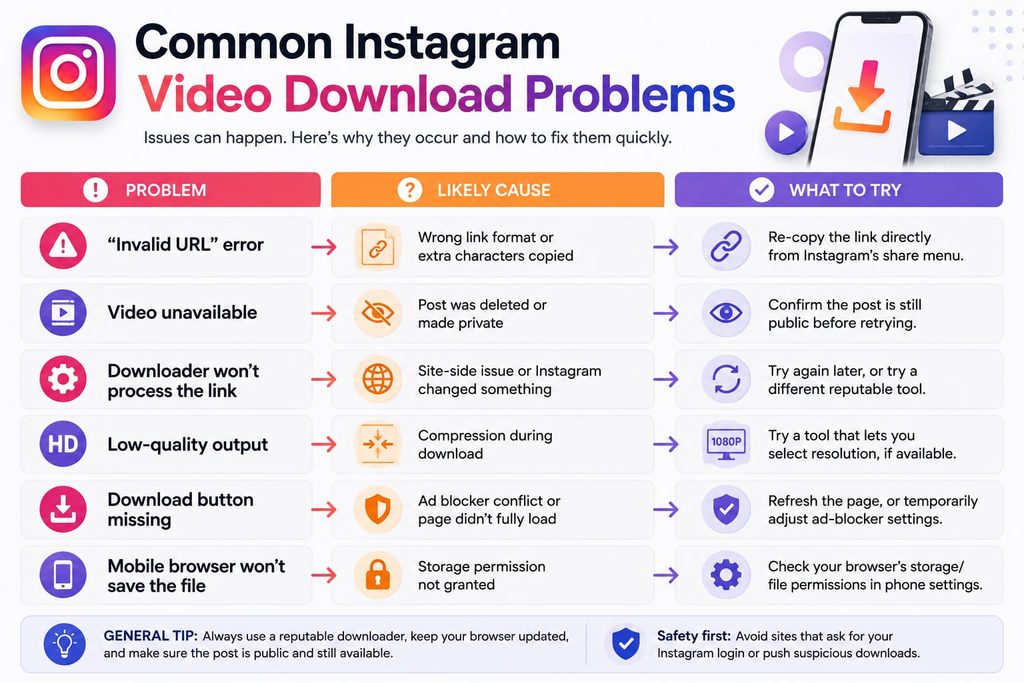 Table of common Instagram Video Downloader problems, causes, and fixes for invalid URLs and low quality