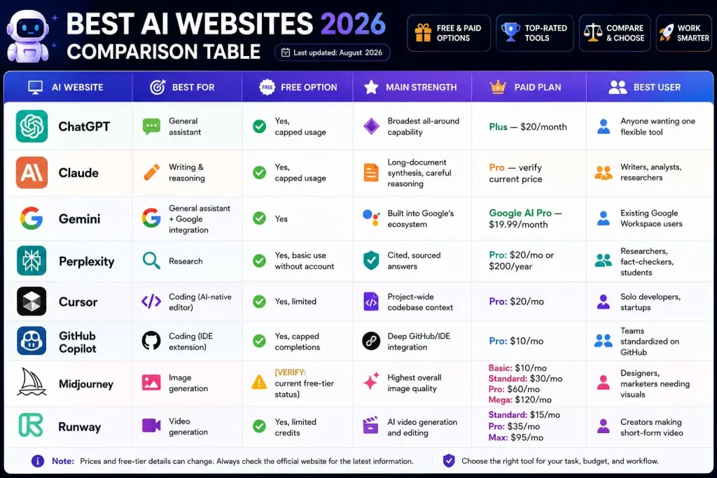 Comparison table of best AI websites 2026 with pricing and features