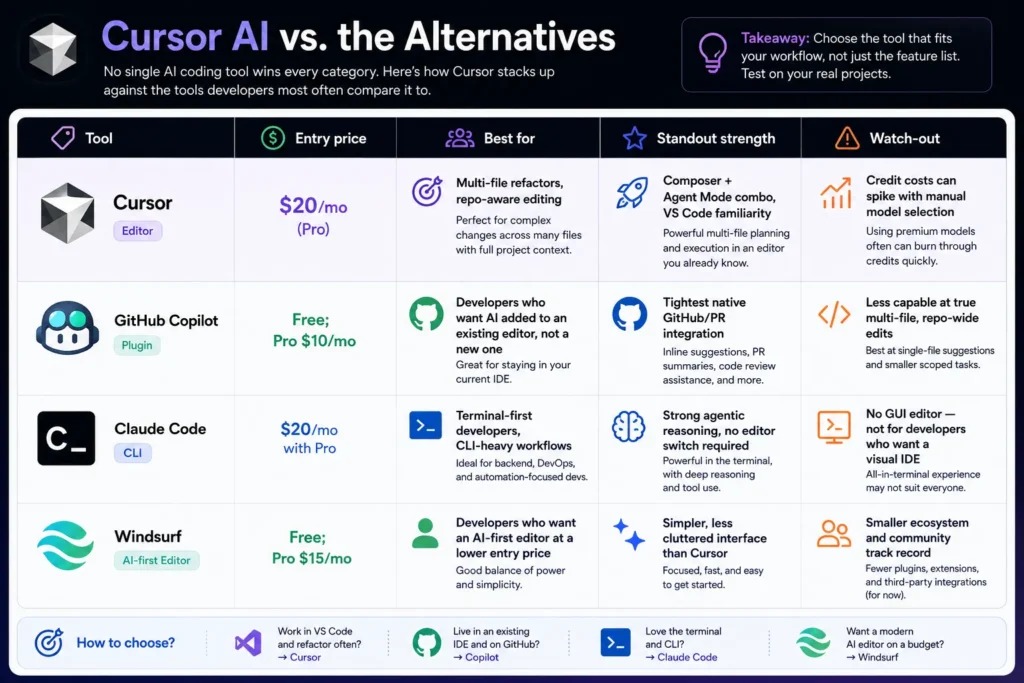 Cursor AI vs. GitHub Copilot, Claude Code, and Windsurf comparison showing pricing, best use cases, standout strengths, and key limitations.