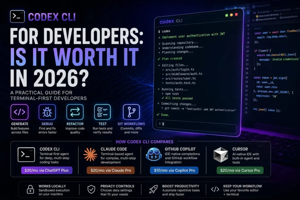 Codex CLI for developers — terminal coding agent showing JWT authentication implementation workflow