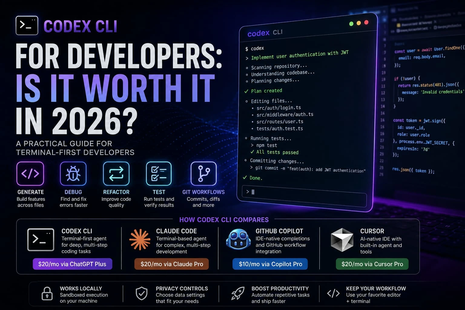Codex CLI for developers — terminal coding agent showing JWT authentication implementation workflow