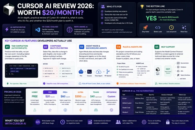 Cursor AI review 2026 infographic showing features, pricing, benefits, and comparisons with GitHub Copilot, Claude Code, and Windsurf.