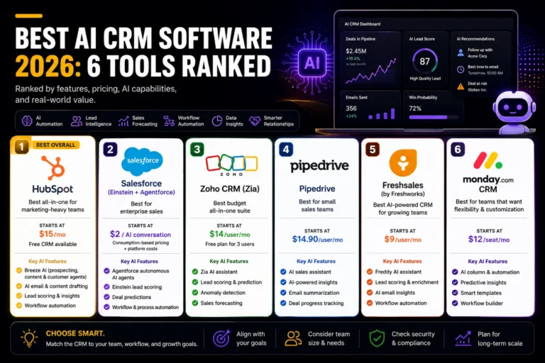 Best AI CRM Software 2026 comparison featuring HubSpot, Salesforce, Zoho CRM, Pipedrive, Freshsales, and monday.com with AI-powered sales automation dashboard and feature comparison.