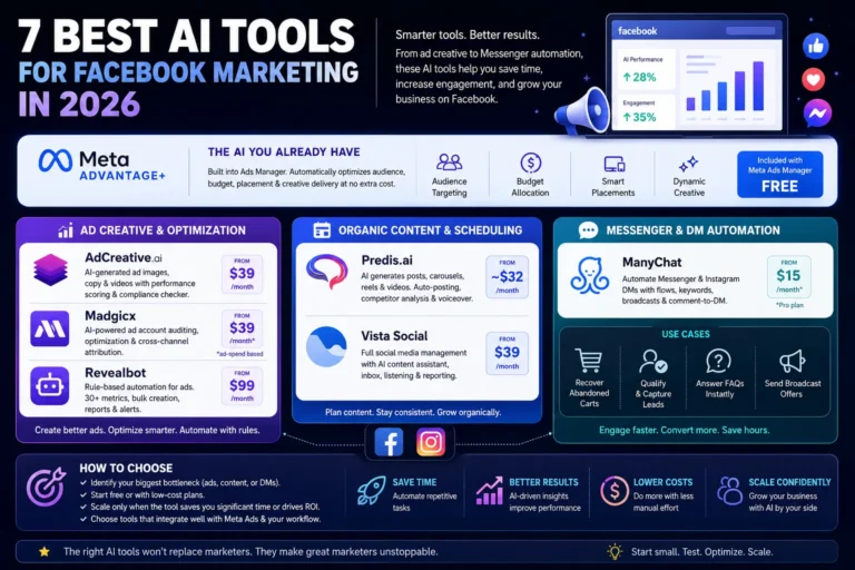 Infographic of the 7 best AI tools for Facebook marketing, grouped by ad creative, organic content, and Messenger automation