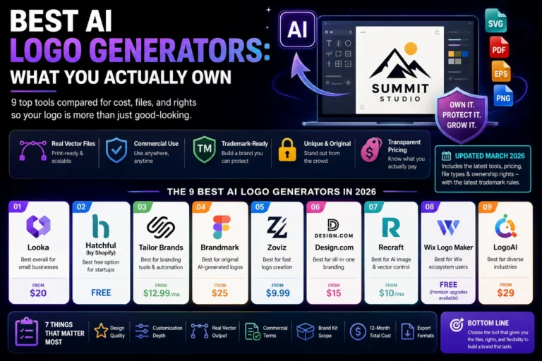 Comparison chart of 9 AI logo generators with pricing, file formats, and commercial ownership rights