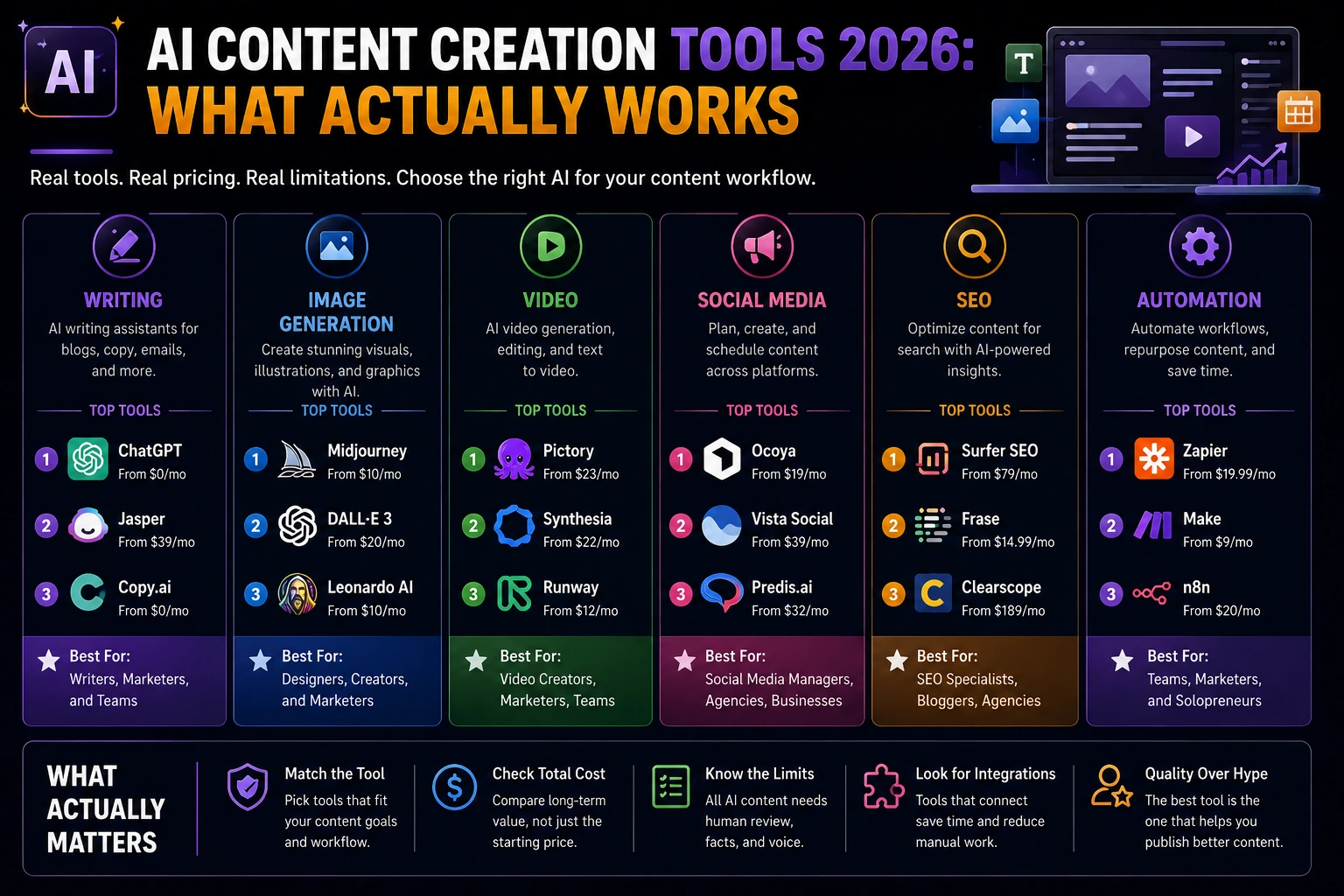 AI content creation tools 2026 compared by category: writing, image, video, social, SEO, automation