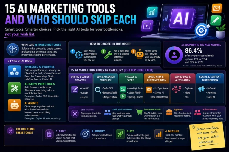 Infographic of AI marketing tools by category, with top picks for writing, SEO, video, email, and automation