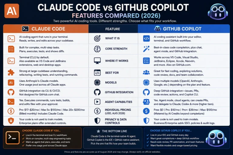 Claude Code vs GitHub Copilot feature comparison table showing 2026 pricing, agent capabilities, and IDE support