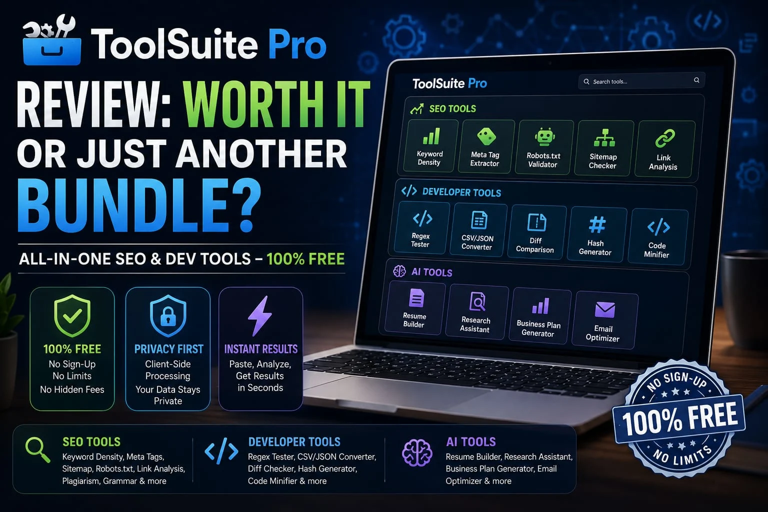 ToolSuite Pro review: 100% free SEO and developer tools dashboard with AI tools