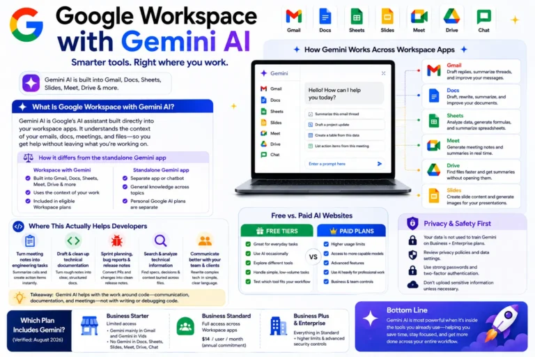 Infographic explaining Google Workspace with Gemini AI features across Gmail, Docs, Sheets, Slides, Meet, and Drive