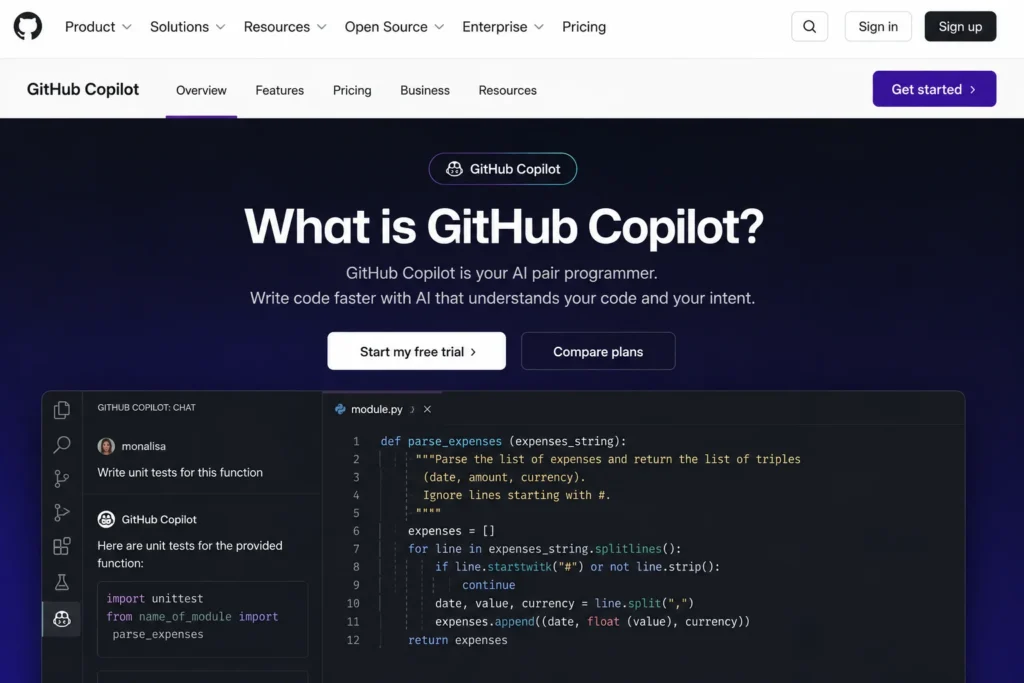 GitHub Copilot official homepage showing AI pair programmer chat interface and code suggestions