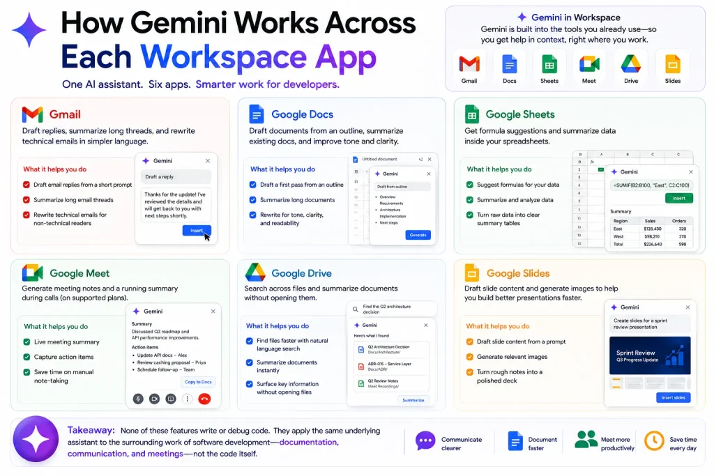Diagram showing how Gemini AI works across Gmail, Docs, Sheets, Meet, Drive, and Slides for developer workflows