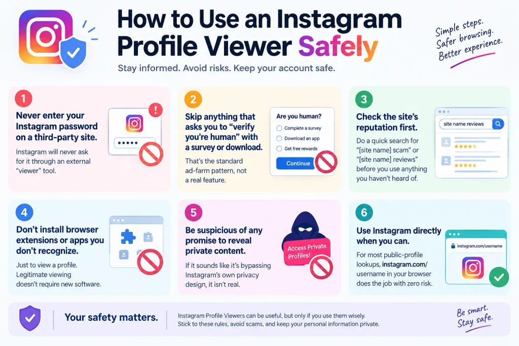 Six-step safety checklist for using an Instagram Profile Viewer, from avoiding password requests to checking site reputation